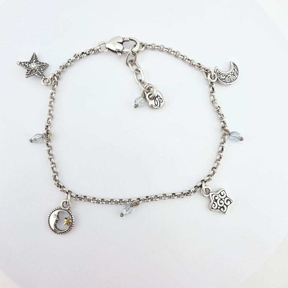 BRIGHTON 'Moonlight Gaze' Ankle Bracelet Crystals Moon Stars Silver Plate 10"